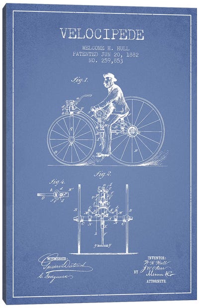 Welcome H. Hull Velocipede Patent Sketch (Light Blue) I Canvas Art Print - Bicycle Art