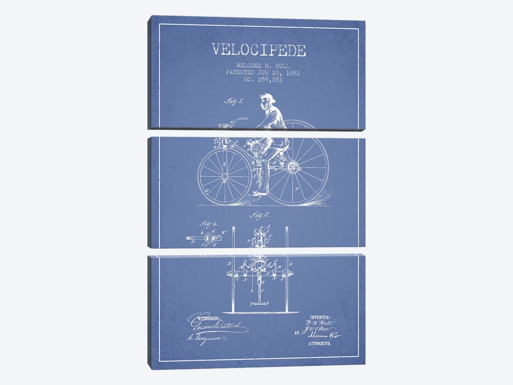 Welcome H. Hull Velocipede Patent Sketch (Light Blue) I by Aged Pixel 3-piece Canvas Wall Art