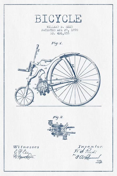 Ink Willard S. Reed Bicycle Patent Sketch by Aged Pixel canvas print