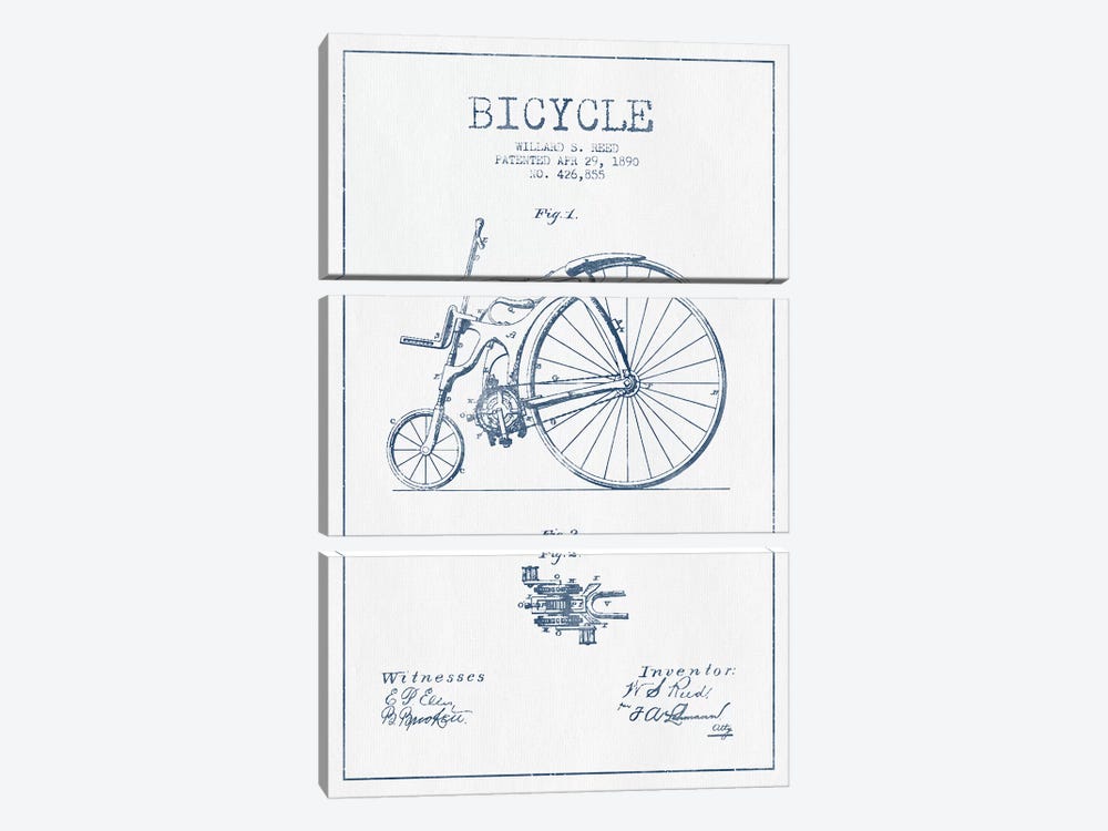 Willard S. Reed Bicycle Patent Sketch (Ink) by Aged Pixel 3-piece Canvas Print