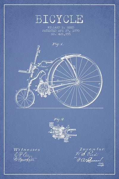 Light Blue Willard S. Reed Bicycle Patent Sketch by Aged Pixel canvas print