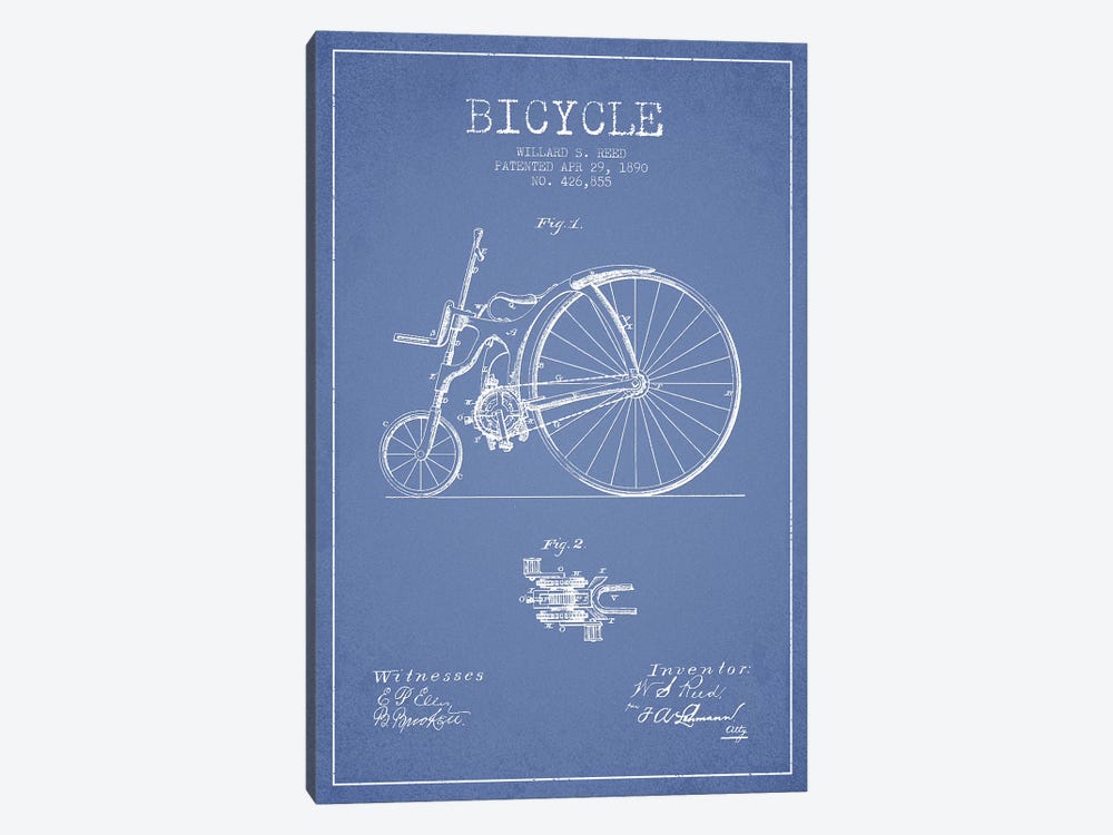 Willard S. Reed Bicycle Patent Sketch (Light Blue) by Aged Pixel 1-piece Canvas Wall Art