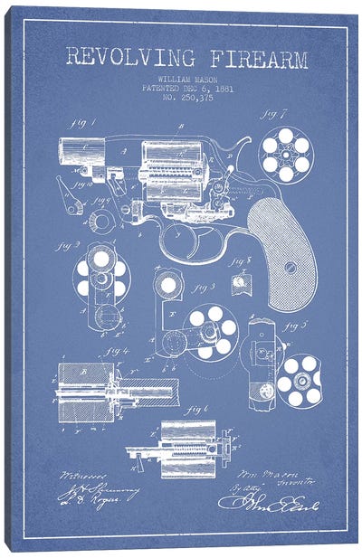 William Mason Revolving Firearm Patent Sketch (Light Blue) Canvas Art Print - Weapons & Artillery Art