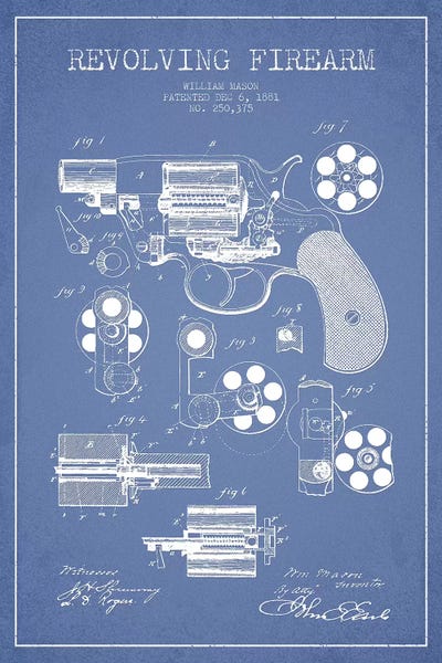 Weapons & Artillery: Light Blue William Mason Revolving Firearm Patent Sketch by Aged Pixel