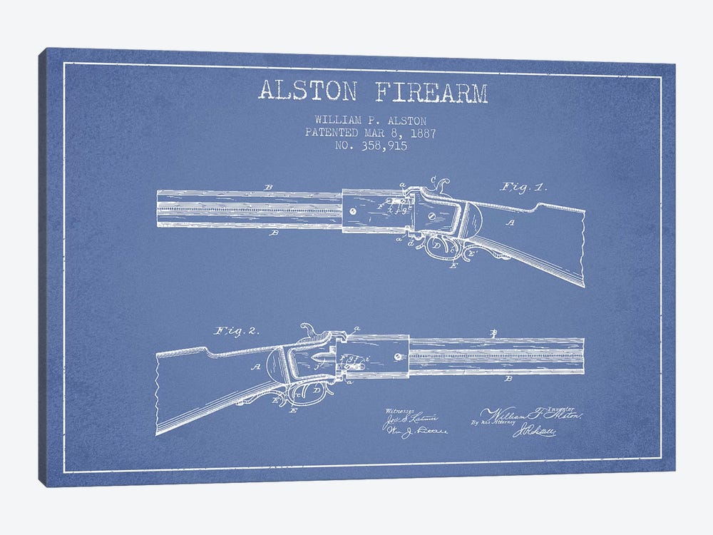 William P. Alston Firearm Patent Sketch (Light Blue) by Aged Pixel 1-piece Canvas Art Print