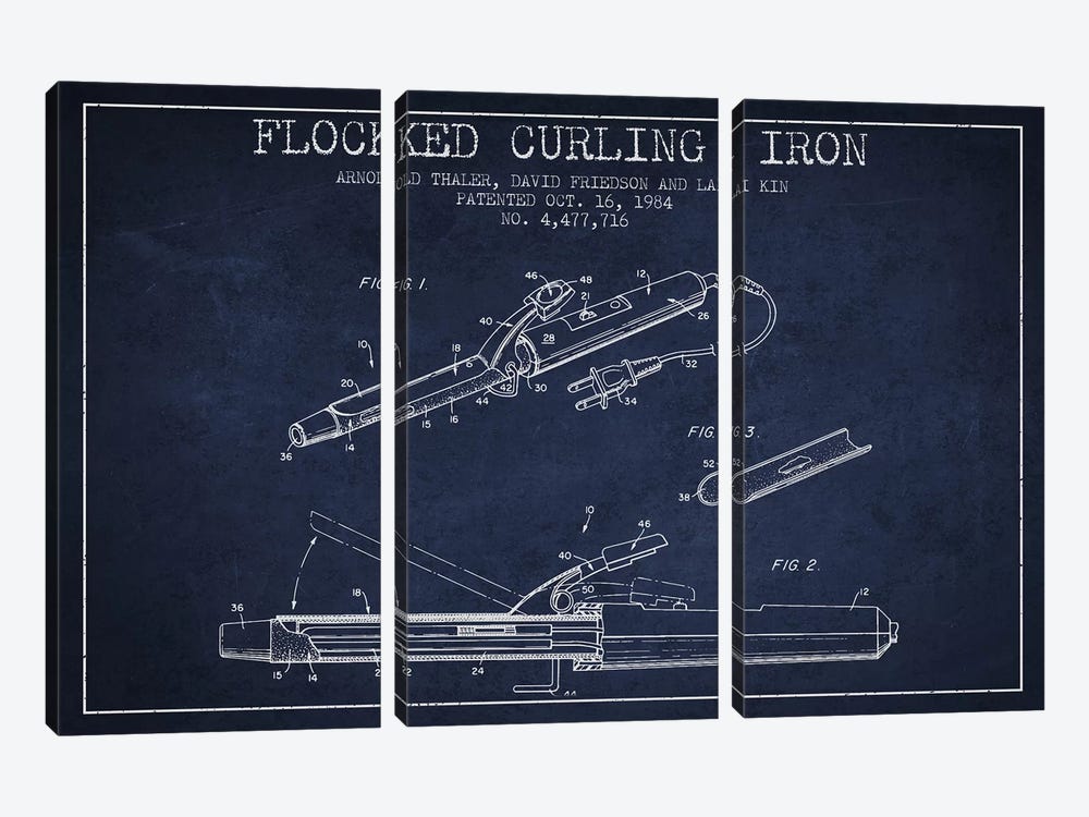 Flocked Curling Iron Navy Blue Patent Blueprint by Aged Pixel 3-piece Canvas Print