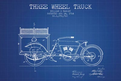 Blue Grid William S. Harley Three Wheel Truck Patent Sketch by Aged Pixel framed canvas print