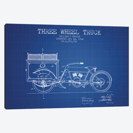 William S. Harley Three Wheel Truck Patent Sketch (Blue Grid) Canvas Print #ADP3160} by Aged Pixel Canvas Art