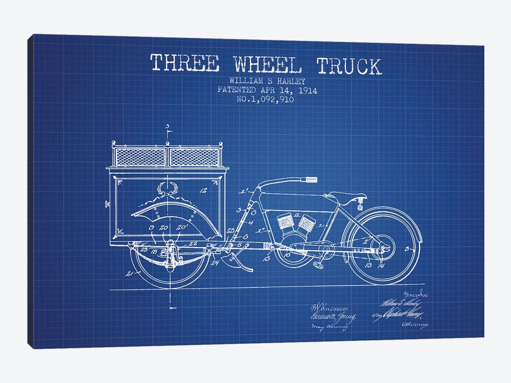 William S. Harley Three Wheel Truck Patent Sketch (Blue Grid) by Aged Pixel 1-piece Art Print