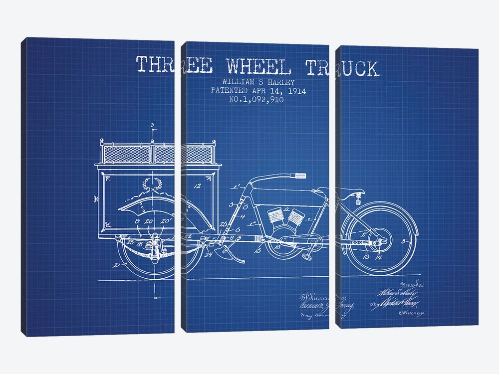 William S. Harley Three Wheel Truck Patent Sketch (Blue Grid) by Aged Pixel 3-piece Art Print
