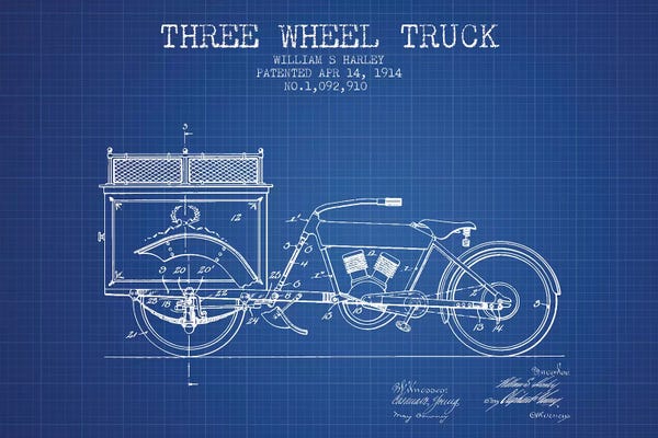 Automobile Blueprints: Blue Grid William S. Harley Three Wheel Truck Patent Sketch by Aged Pixel