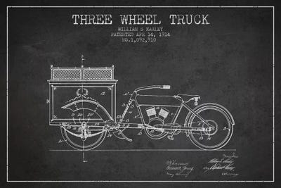 Charcoal William S. Harley Three Wheel Truck Patent Sketch by Aged Pixel framed canvas print