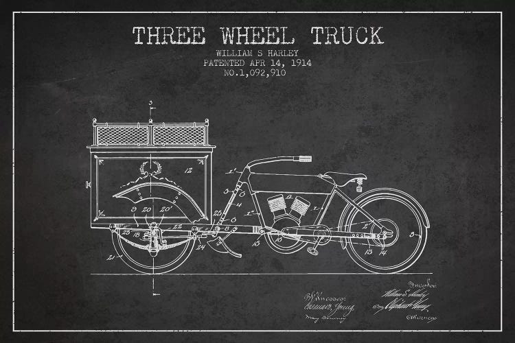 Charcoal William S. Harley Three Wheel Truck Patent Sketch