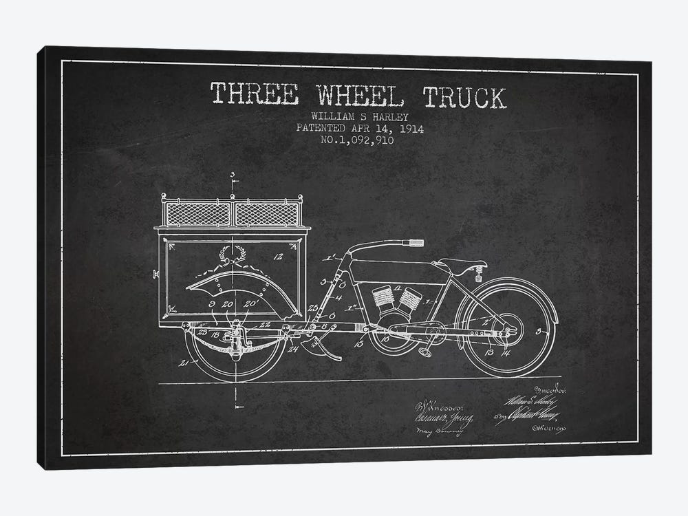 William S. Harley Three Wheel Truck Patent Sketch (Charcoal) by Aged Pixel 1-piece Canvas Artwork