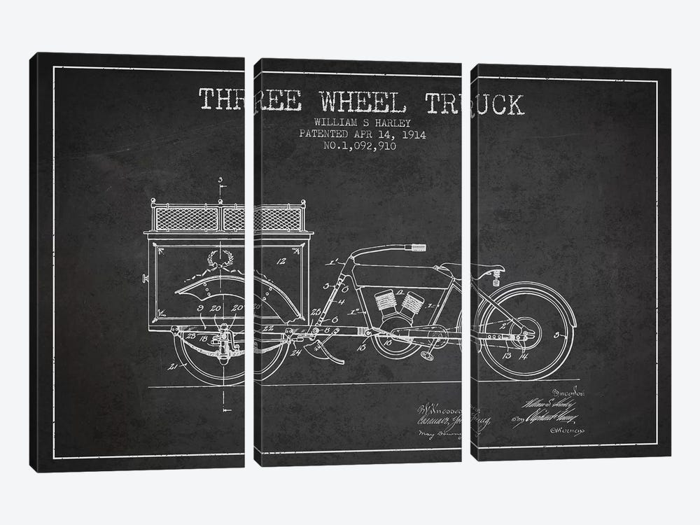 William S. Harley Three Wheel Truck Patent Sketch (Charcoal) by Aged Pixel 3-piece Canvas Artwork
