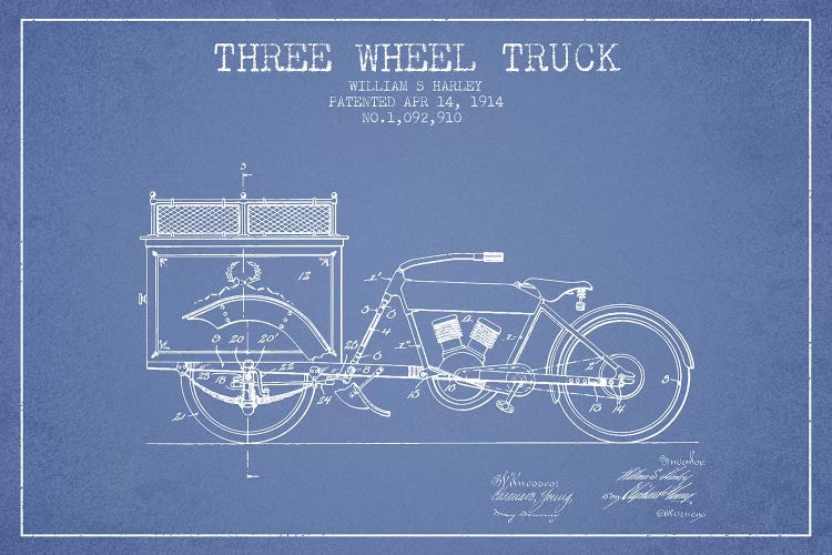 Light Blue William S. Harley Three Wheel Truck Patent Sketch