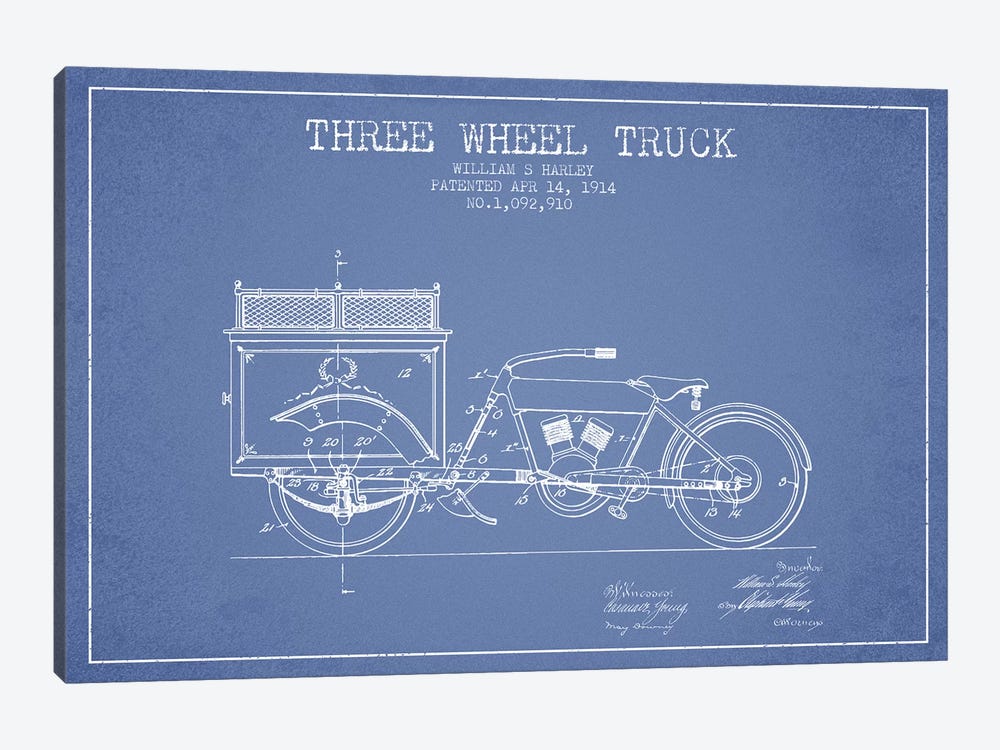 William S. Harley Three Wheel Truck Patent Sketch (Light Blue) by Aged Pixel 1-piece Canvas Art Print