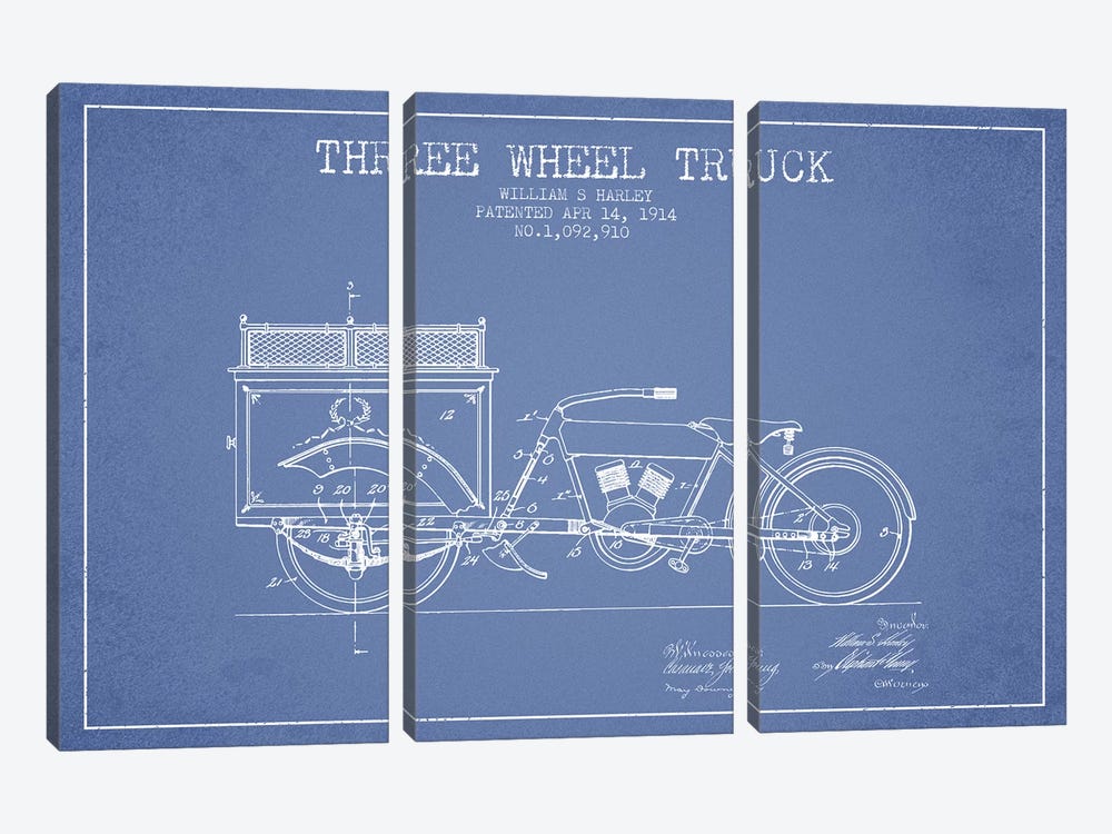William S. Harley Three Wheel Truck Patent Sketch (Light Blue) by Aged Pixel 3-piece Art Print