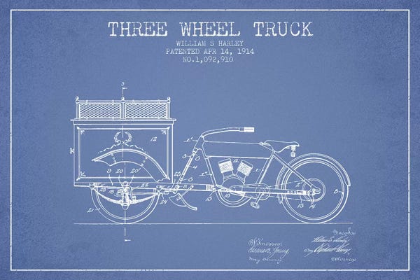Automobile Blueprints: Light Blue William S. Harley Three Wheel Truck Patent Sketch by Aged Pixel