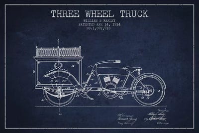 Navy Blue William S. Harley Three Wheel Truck Patent Sketch by Aged Pixel framed canvas print