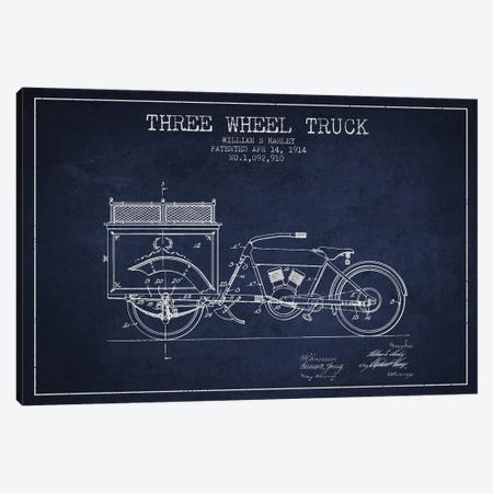 William S. Harley Three Wheel Truck Patent Sketch (Navy Blue) Canvas Print #ADP3163} by Aged Pixel Canvas Wall Art