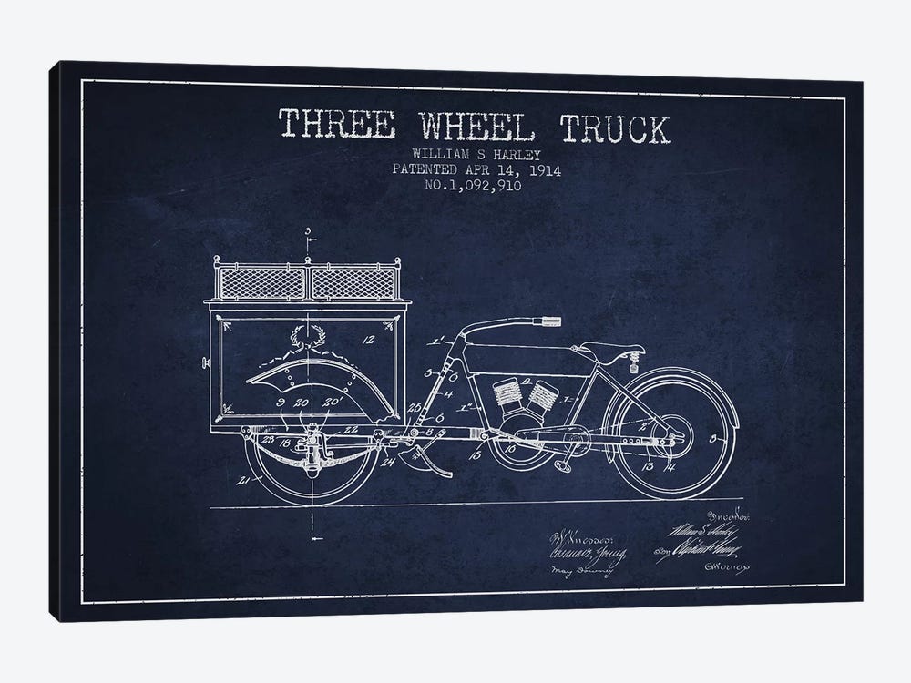 William S. Harley Three Wheel Truck Patent Sketch (Navy Blue) by Aged Pixel 1-piece Canvas Art