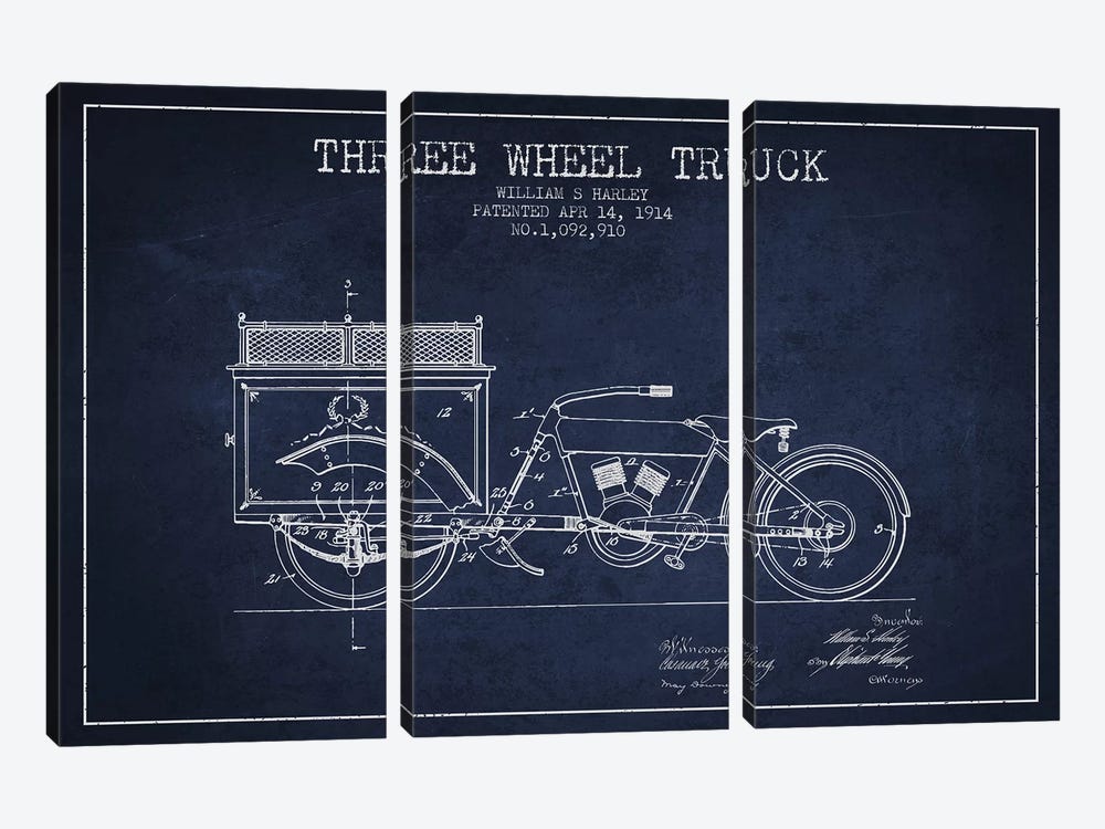 William S. Harley Three Wheel Truck Patent Sketch (Navy Blue) by Aged Pixel 3-piece Canvas Wall Art