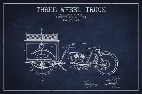 Automobile Blueprints: Navy Blue William S. Harley Three Wheel Truck Patent Sketch by Aged Pixel