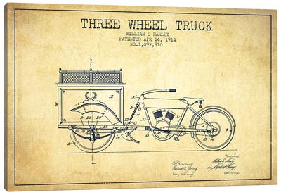 William S. Harley Three Wheel Truck Patent Sketch (Vintage) Canvas Art Print - Automobile Blueprints