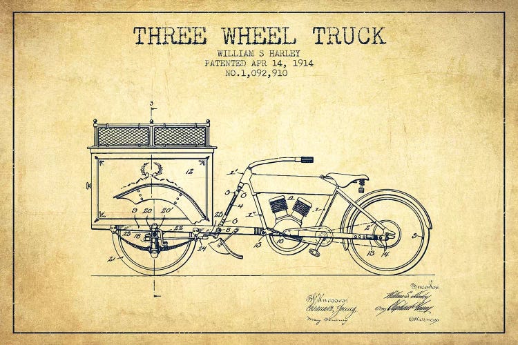 Vintage William S. Harley Three Wheel Truck Patent Sketch