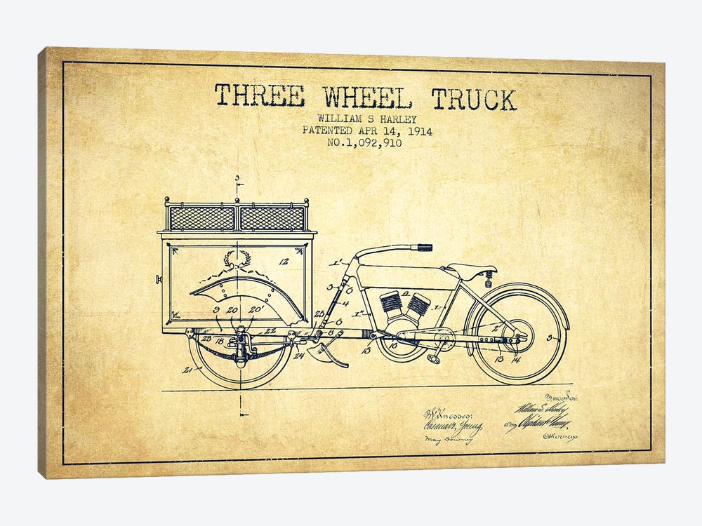 William S. Harley Three Wheel Truck Patent Sketch (Vintage) by Aged Pixel 1-piece Canvas Print