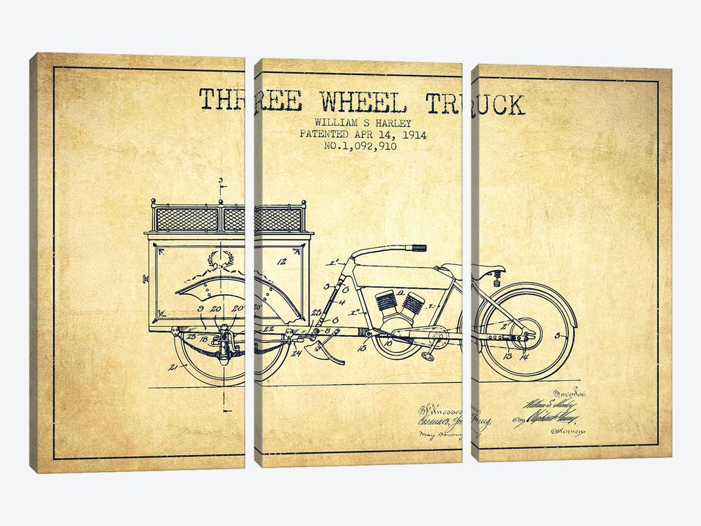 William S. Harley Three Wheel Truck Patent Sketch (Vintage) by Aged Pixel 3-piece Canvas Print