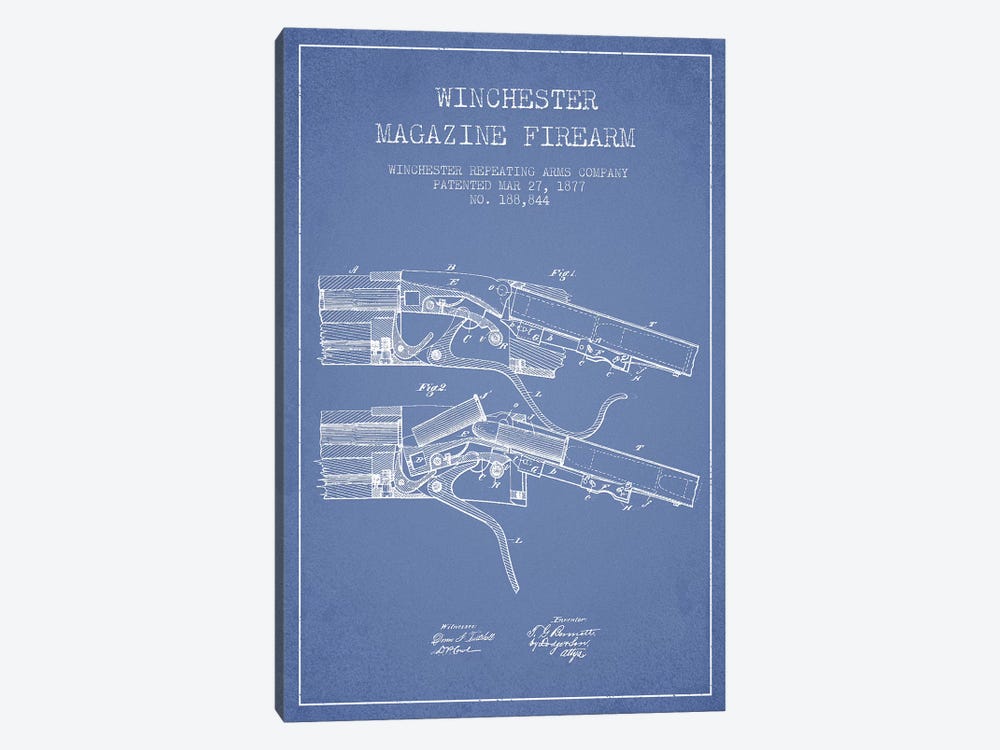 Winchester Repeating Arms Company Winchester Magazine Firearm Patent Sketch (Light Blue) I by Aged Pixel 1-piece Canvas Print