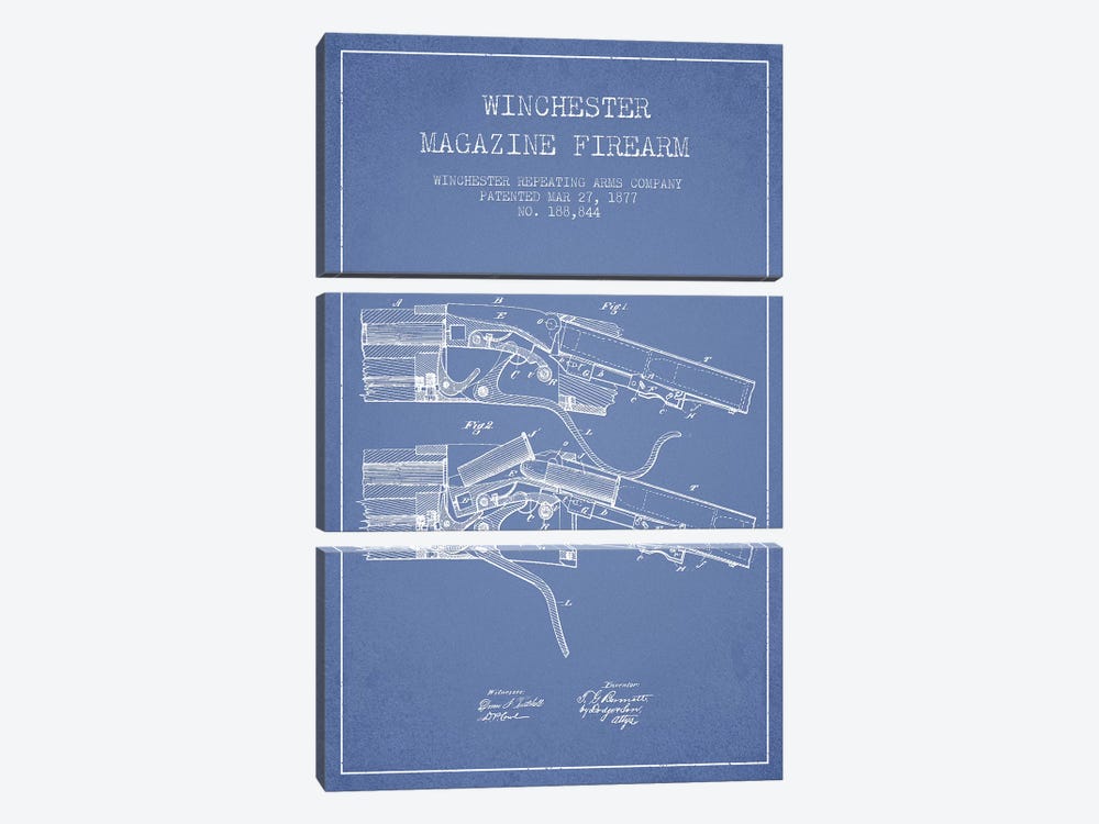 Winchester Repeating Arms Company Winchester Magazine Firearm Patent Sketch (Light Blue) I by Aged Pixel 3-piece Canvas Print