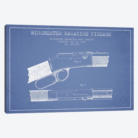 Winchester Repeating Arms Company Winchester Magazine Firearm Patent Sketch (Light Blue) II Canvas Print #ADP3167} by Aged Pixel Art Print