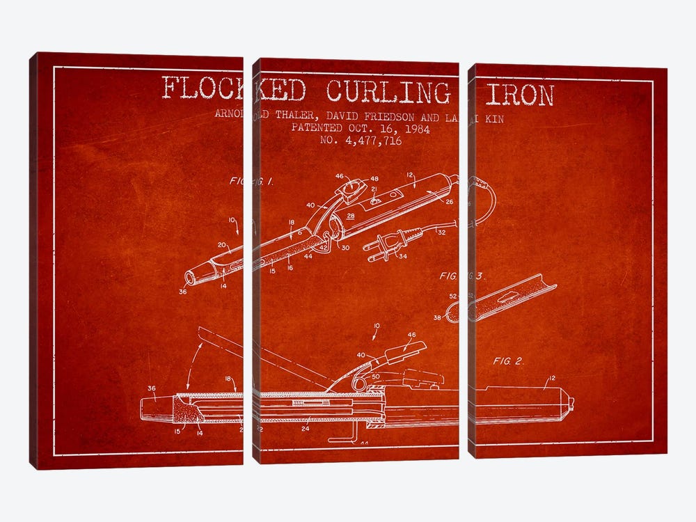 Flocked Curling Iron Red Patent Blueprint by Aged Pixel 3-piece Canvas Wall Art