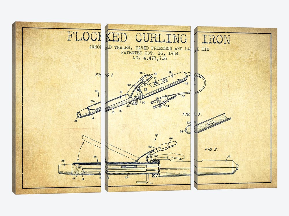 Flocked Curling Iron Vintage Patent Blueprint by Aged Pixel 3-piece Art Print