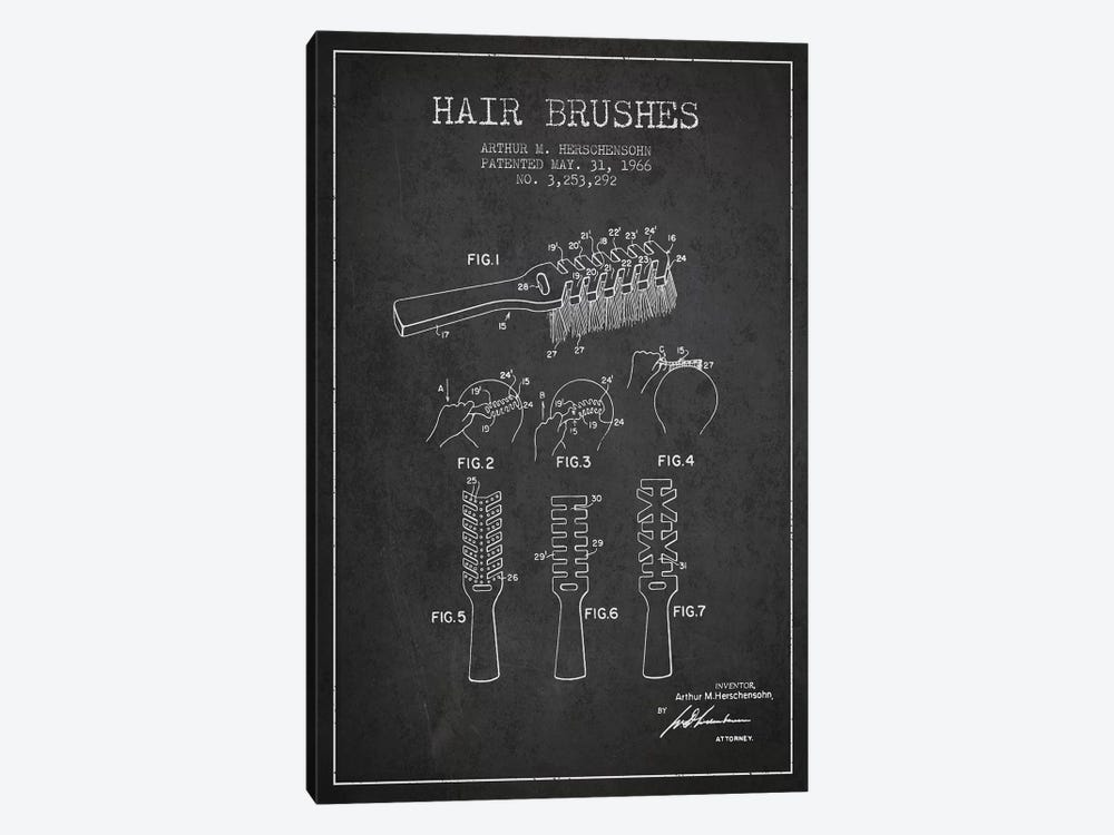 Hair Brushes Charcoal Patent Blueprint by Aged Pixel 1-piece Canvas Artwork