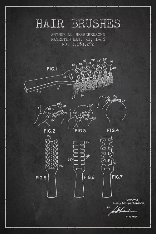 Hair Brushes Charcoal Patent Blueprint by Aged Pixel wall art