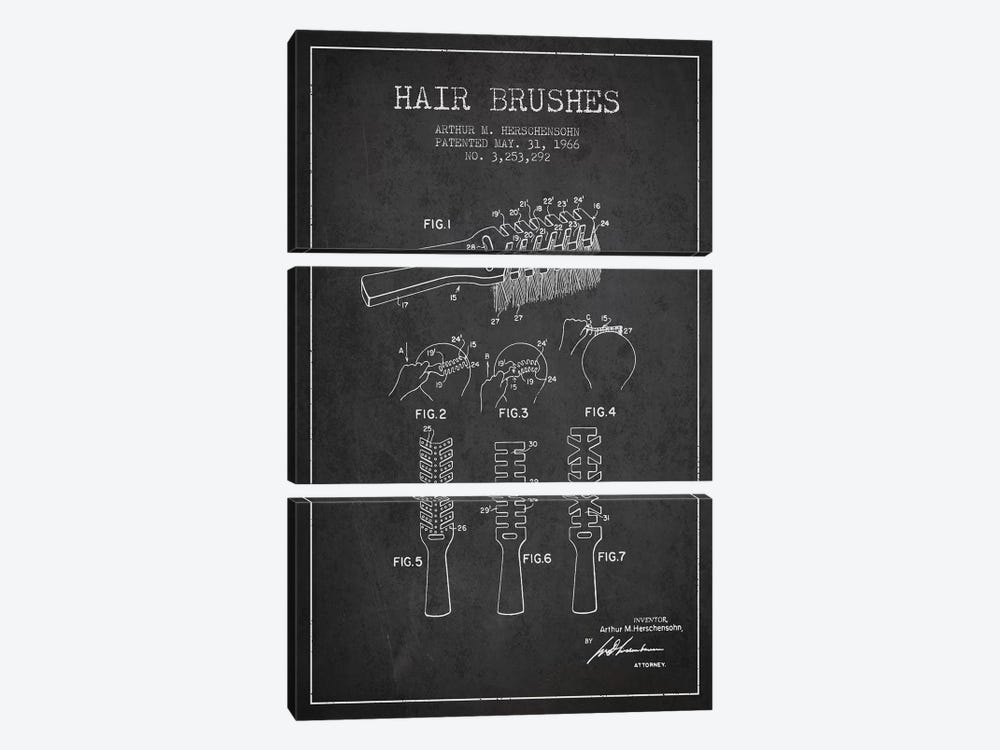 Hair Brushes Charcoal Patent Blueprint by Aged Pixel 3-piece Canvas Wall Art