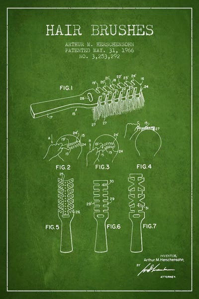 Hair Brushes Green Patent Blueprint by Aged Pixel framed canvas print