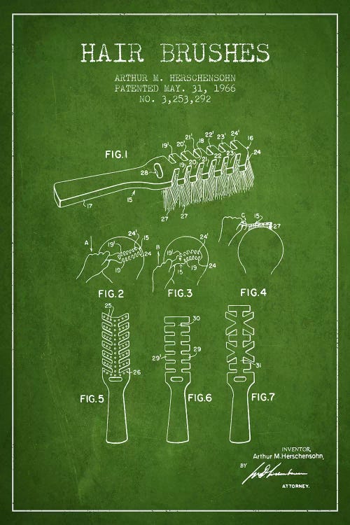 Hair Brushes Green Patent Blueprint by Aged Pixel wall art