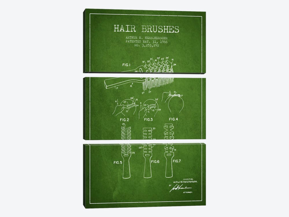 Hair Brushes Green Patent Blueprint by Aged Pixel 3-piece Canvas Art Print