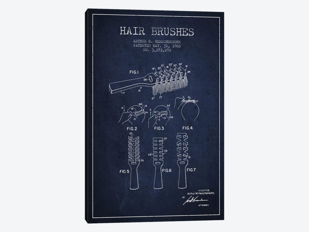 Hair Brushes Navy Blue Patent Blueprint by Aged Pixel 1-piece Art Print