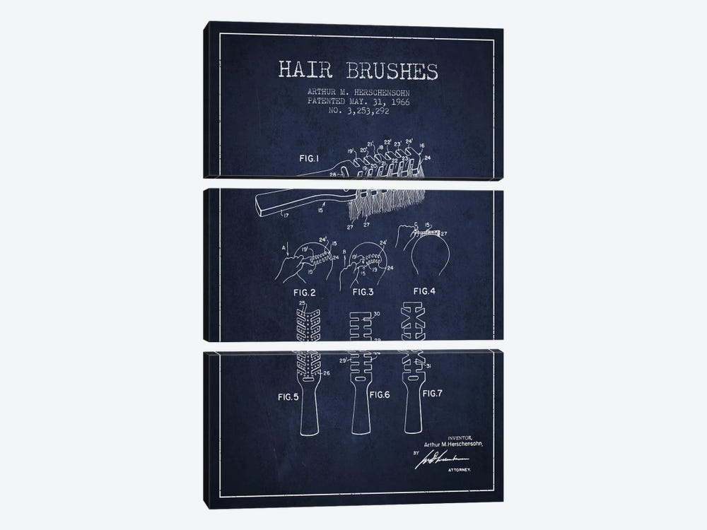 Hair Brushes Navy Blue Patent Blueprint by Aged Pixel 3-piece Canvas Art Print