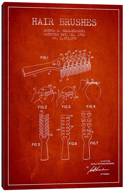 Hair Brushes Red Patent Blueprint Canvas Art Print - Beauty & Personal Care Blueprints