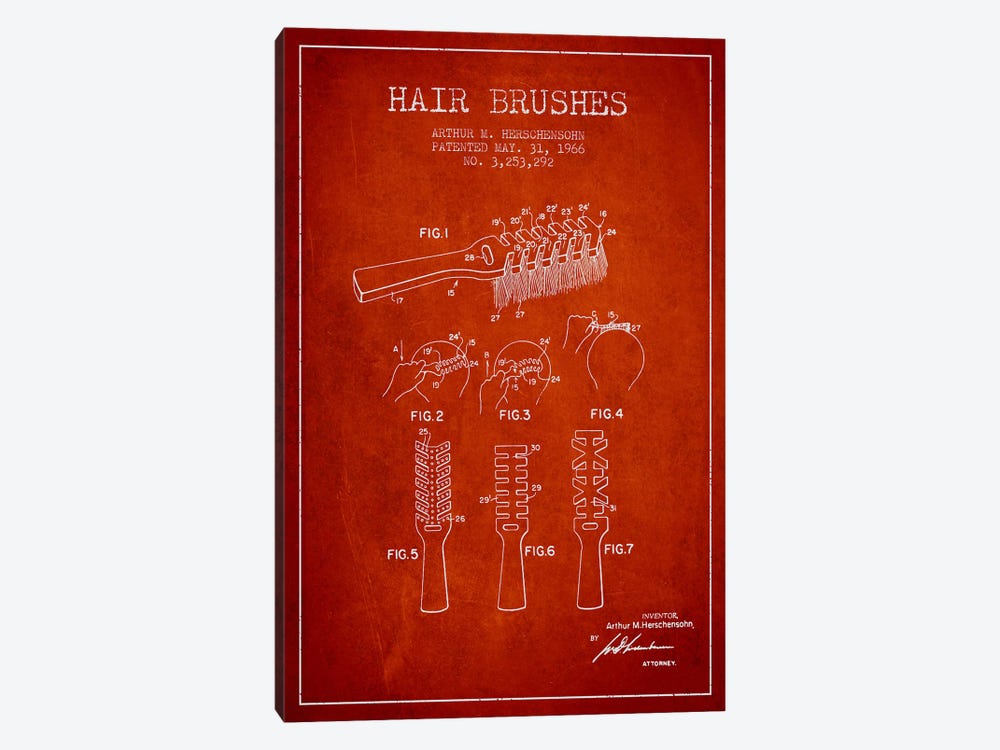 Hair Brushes Red Patent Blueprint by Aged Pixel 1-piece Canvas Wall Art