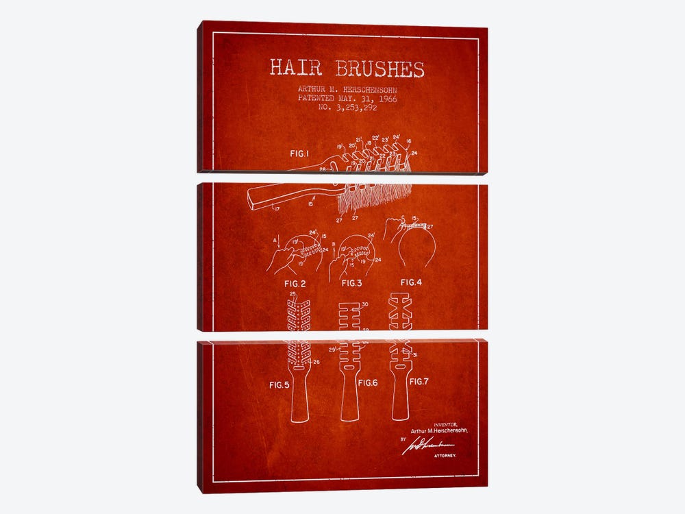 Hair Brushes Red Patent Blueprint by Aged Pixel 3-piece Canvas Artwork
