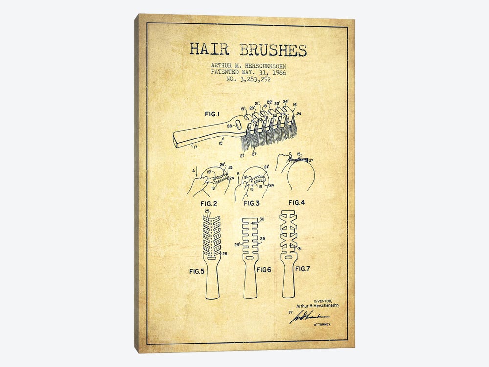 Hair Brushes Vintage Patent Blueprint by Aged Pixel 1-piece Canvas Print
