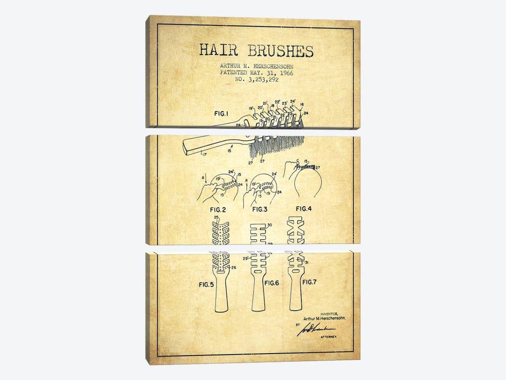 Hair Brushes Vintage Patent Blueprint by Aged Pixel 3-piece Art Print